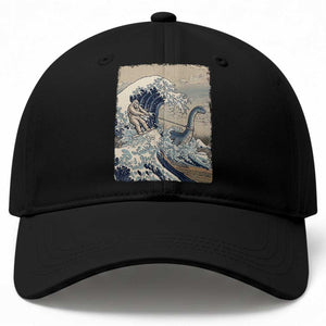 Funny Bigfoot Water Skiing Behind Nessie Baseball Cap Ukiyoe Inspired Wave Art
