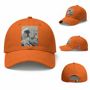 Funny Bigfoot Water Skiing Behind Nessie Baseball Cap Ukiyoe Inspired Wave Art