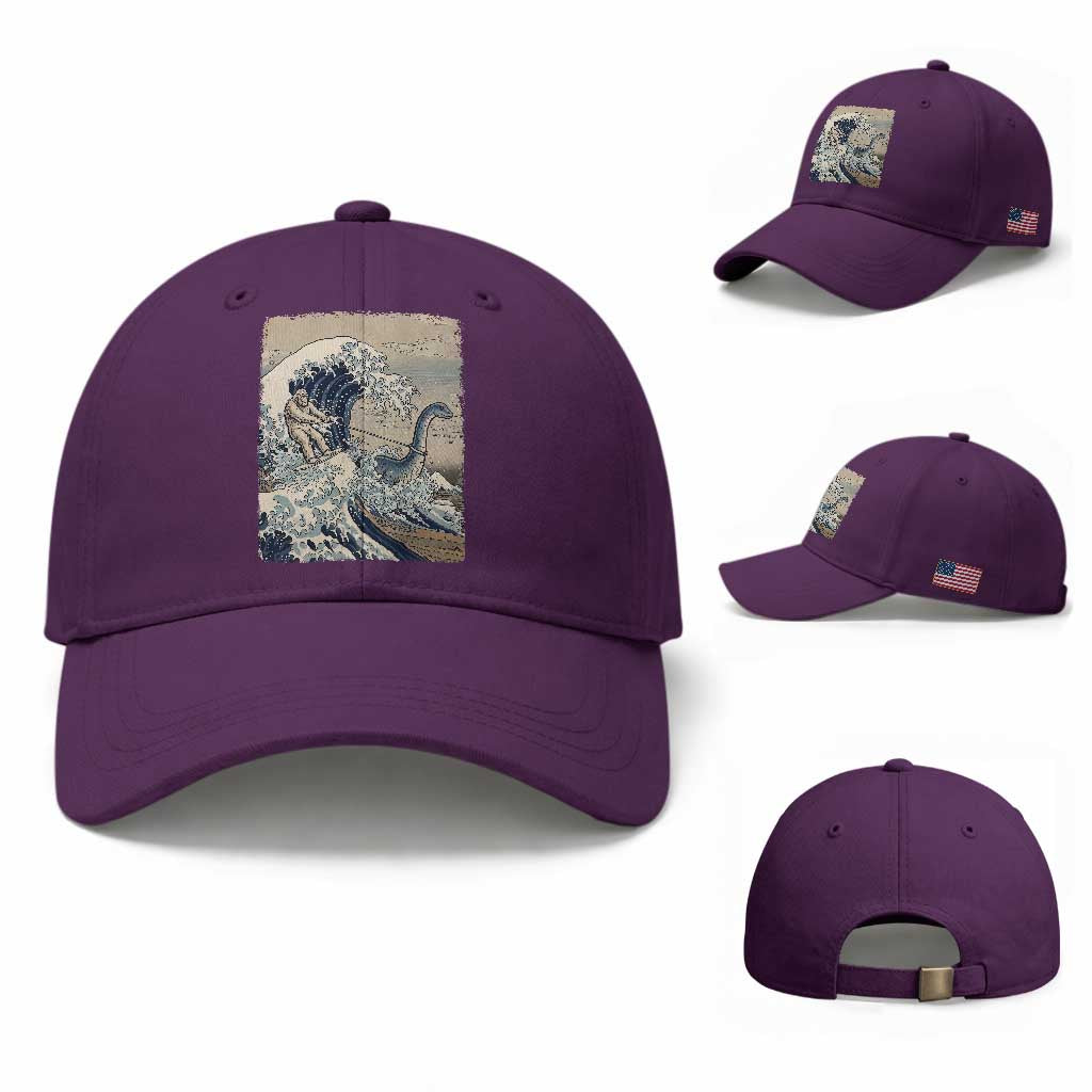 Funny Bigfoot Water Skiing Behind Nessie Baseball Cap Ukiyoe Inspired Wave Art