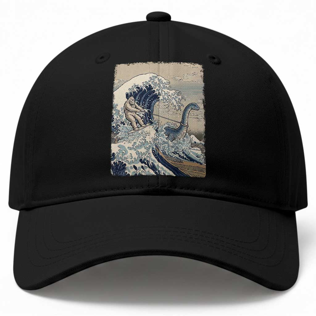 Funny Bigfoot Water Skiing Behind Nessie Baseball Cap Ukiyoe Inspired Wave Art TS12 Print Your Wear