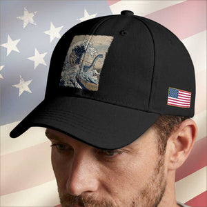 Funny Bigfoot Water Skiing Behind Nessie Baseball Cap Ukiyoe Inspired Wave Art