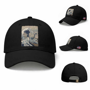 Funny Bigfoot Water Skiing Behind Nessie Baseball Cap Ukiyoe Inspired Wave Art