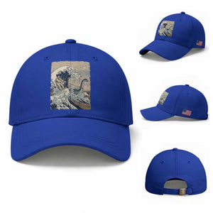 Funny Bigfoot Water Skiing Behind Nessie Baseball Cap Ukiyoe Inspired Wave Art
