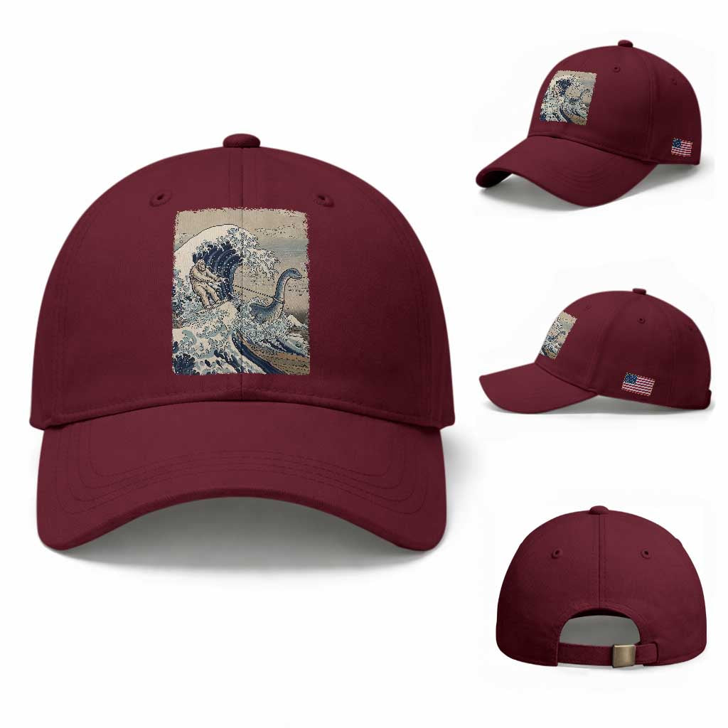Funny Bigfoot Water Skiing Behind Nessie Baseball Cap Ukiyoe Inspired Wave Art
