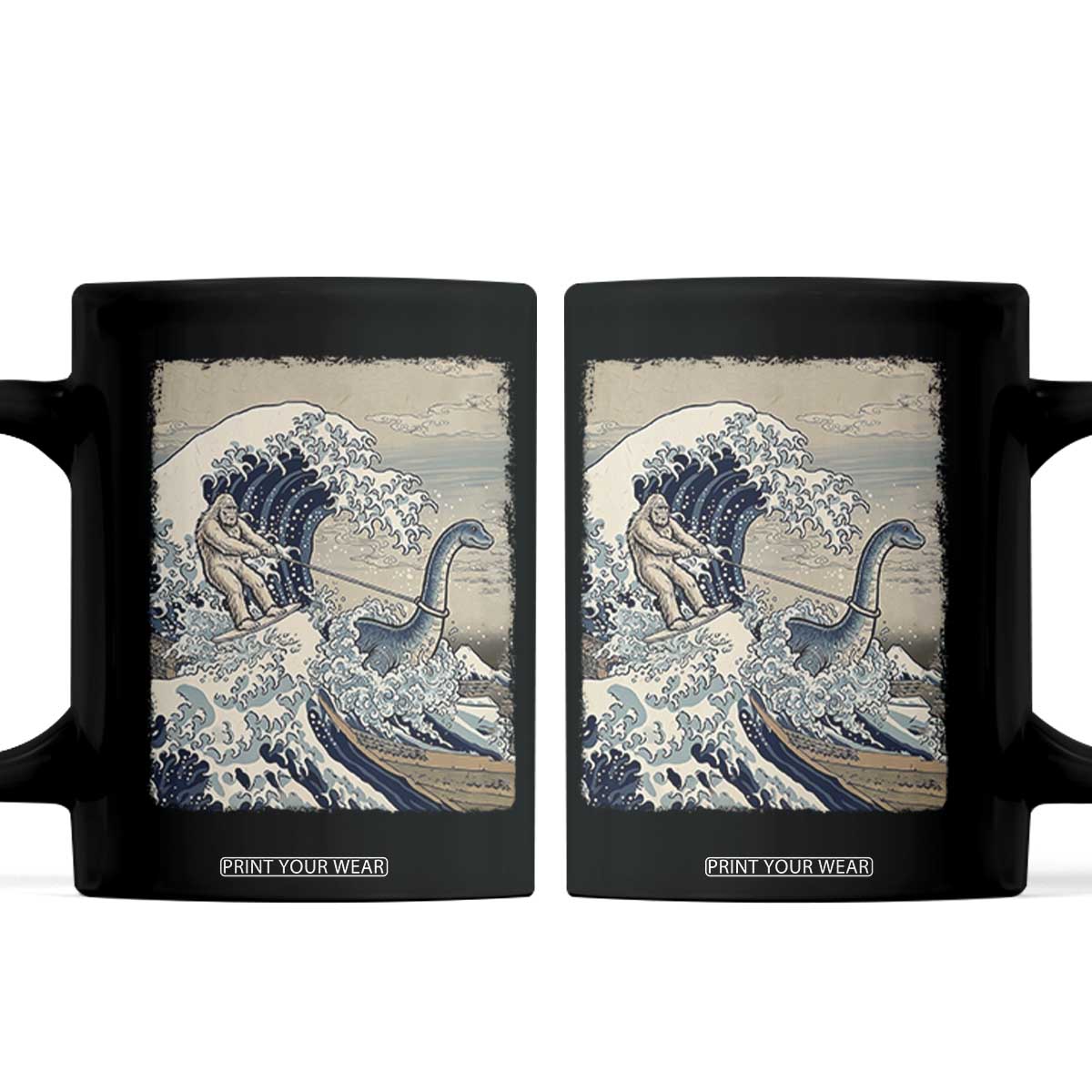 Funny Bigfoot Water Skiing Behind Nessie Coffee Mug Ukiyoe Inspired Wave Art