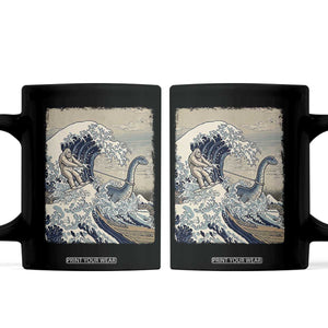 Funny Bigfoot Water Skiing Behind Nessie Coffee Mug Ukiyoe Inspired Wave Art