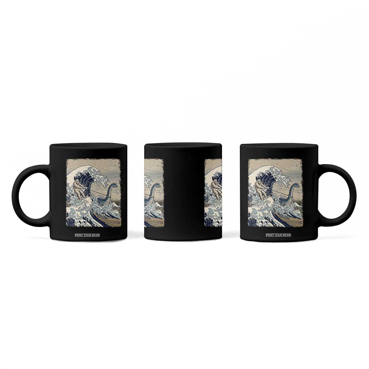 Funny Bigfoot Water Skiing Behind Nessie Coffee Mug Ukiyoe Inspired Wave Art