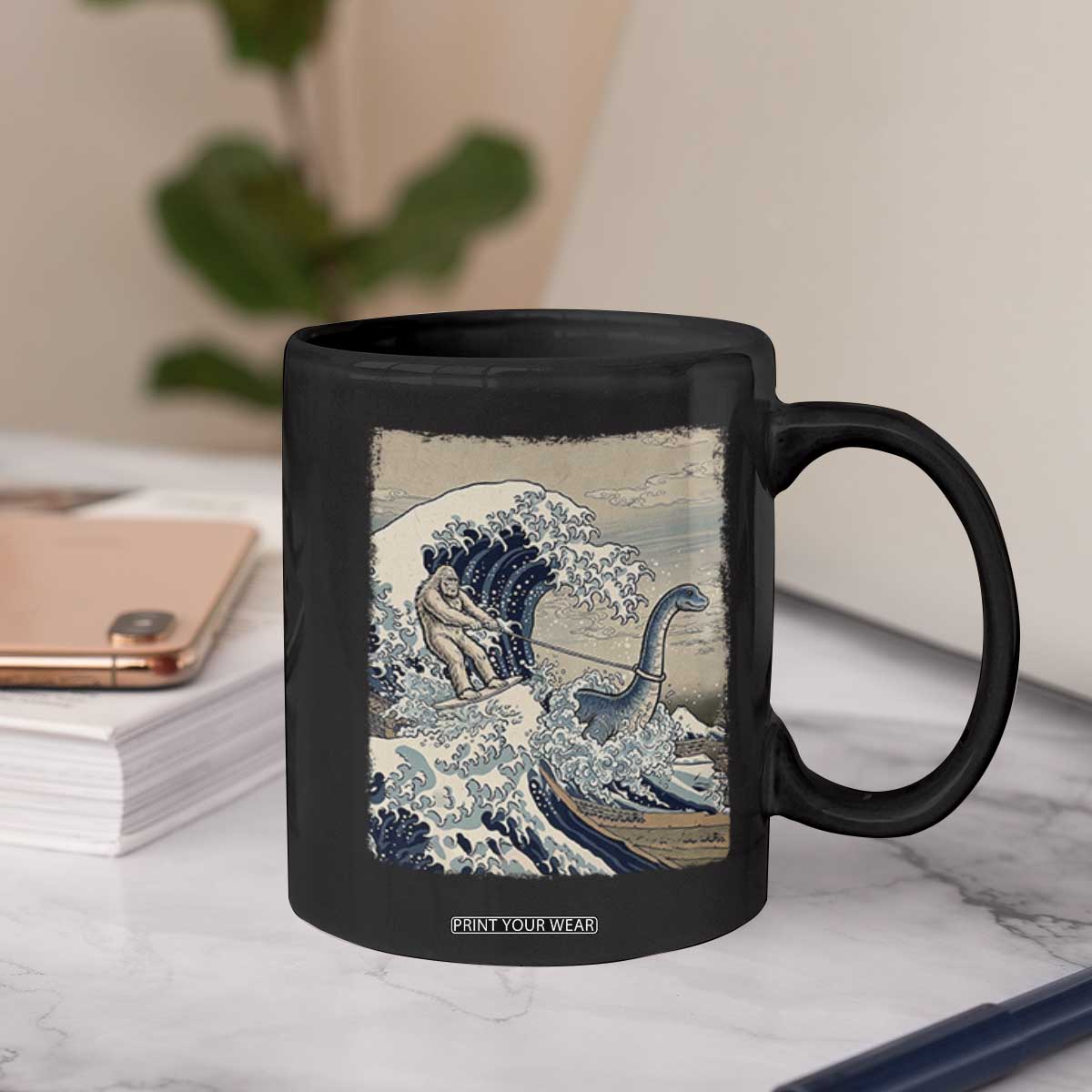 Funny Bigfoot Water Skiing Behind Nessie Coffee Mug Ukiyoe Inspired Wave Art