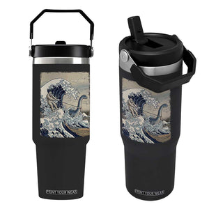 Funny Bigfoot Water Skiing Behind Nessie Flip Straw Tumbler Ukiyoe Inspired Wave Art
