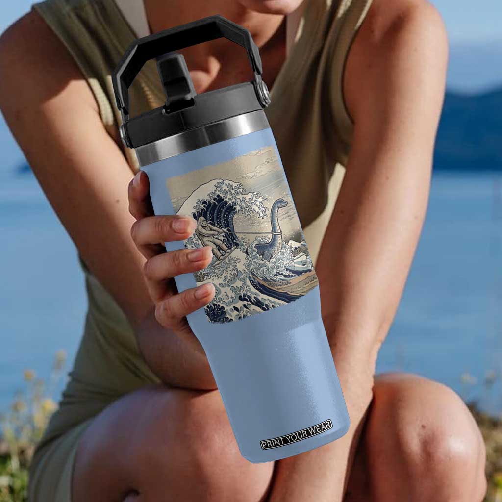 Funny Bigfoot Water Skiing Behind Nessie Flip Straw Tumbler Ukiyoe Inspired Wave Art
