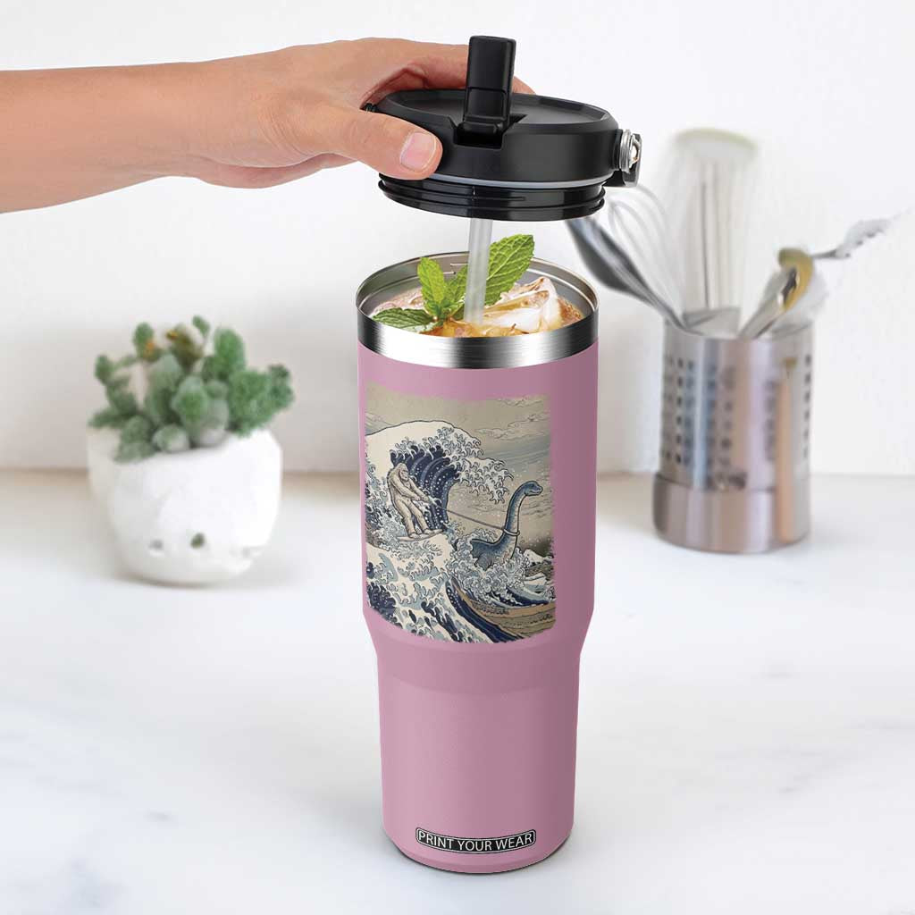 Funny Bigfoot Water Skiing Behind Nessie Flip Straw Tumbler Ukiyoe Inspired Wave Art