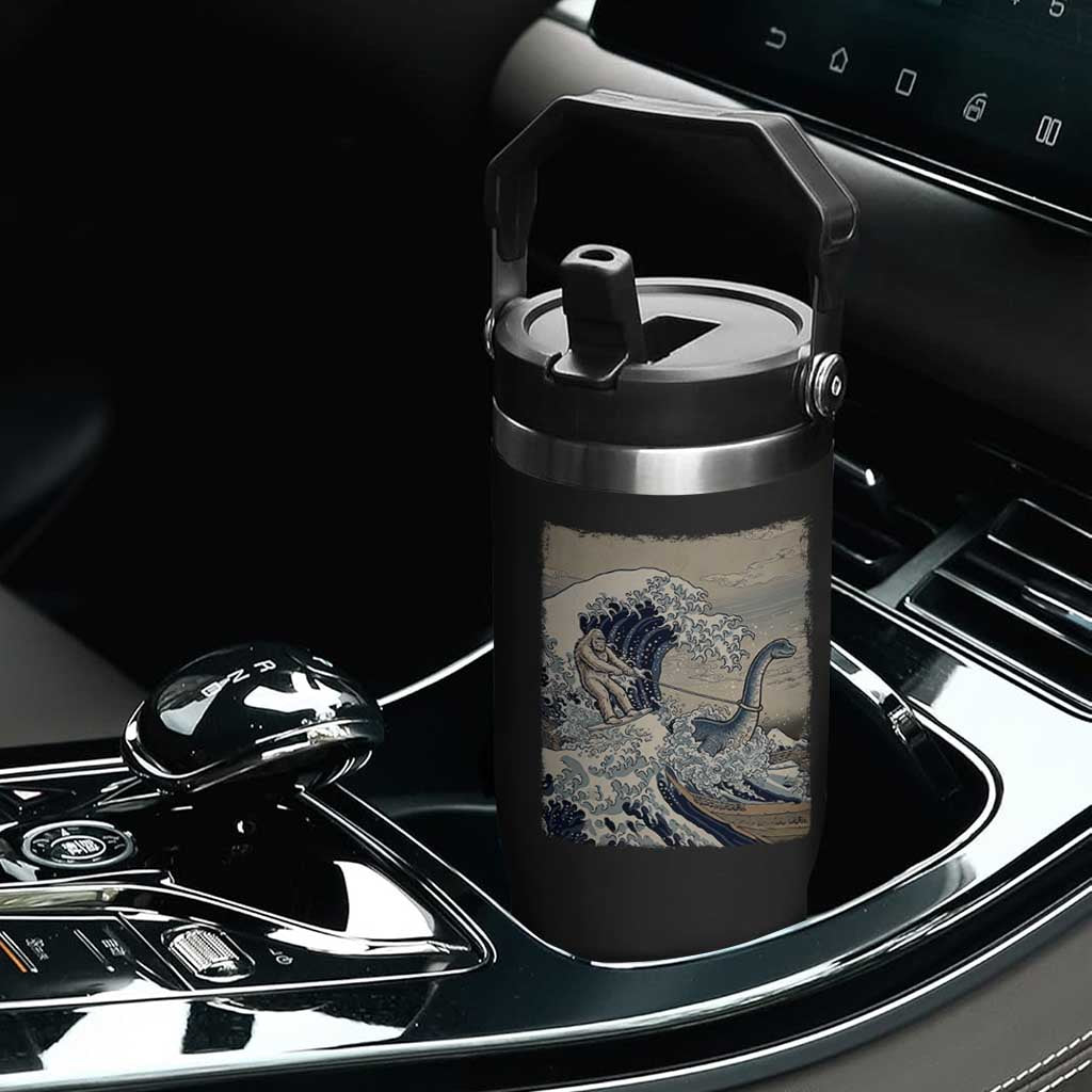 Funny Bigfoot Water Skiing Behind Nessie Flip Straw Tumbler Ukiyoe Inspired Wave Art