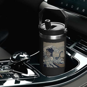 Funny Bigfoot Water Skiing Behind Nessie Flip Straw Tumbler Ukiyoe Inspired Wave Art