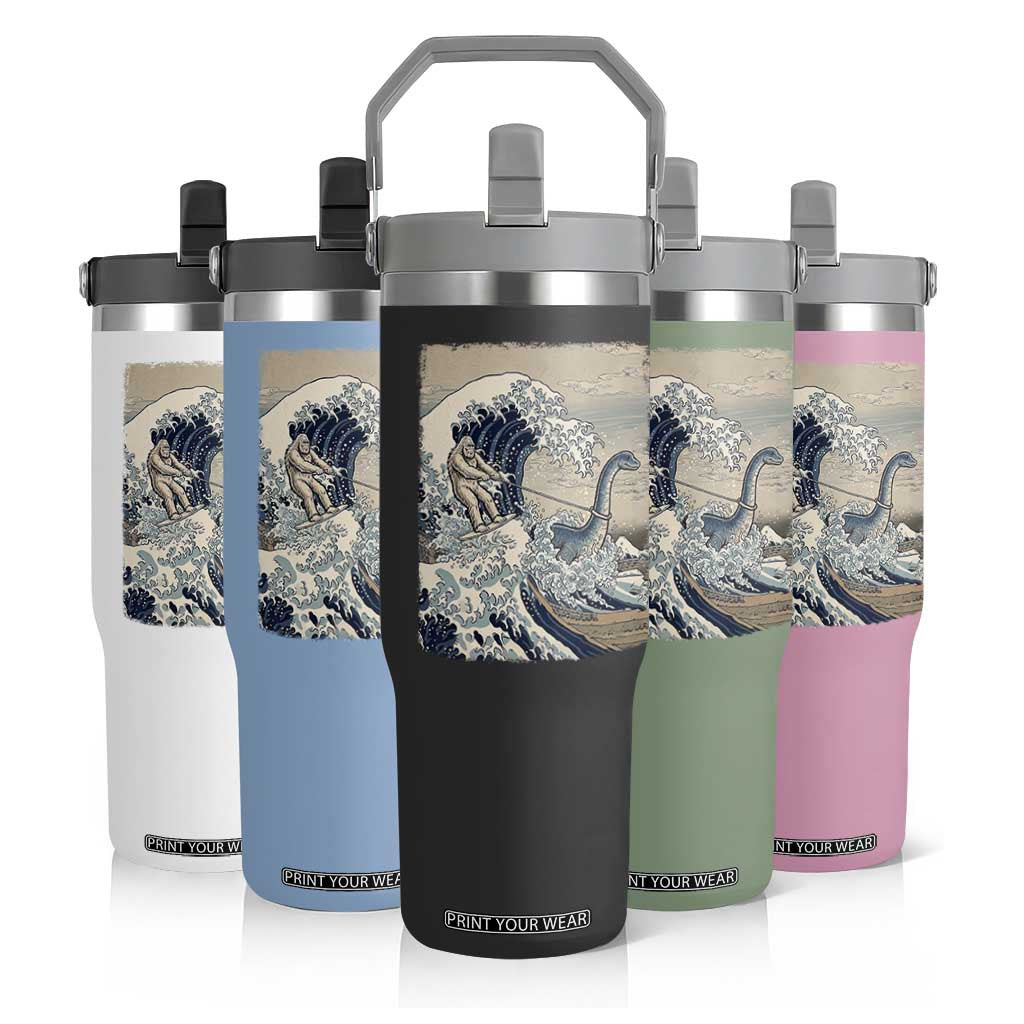 Funny Bigfoot Water Skiing Behind Nessie Flip Straw Tumbler Ukiyoe Inspired Wave Art