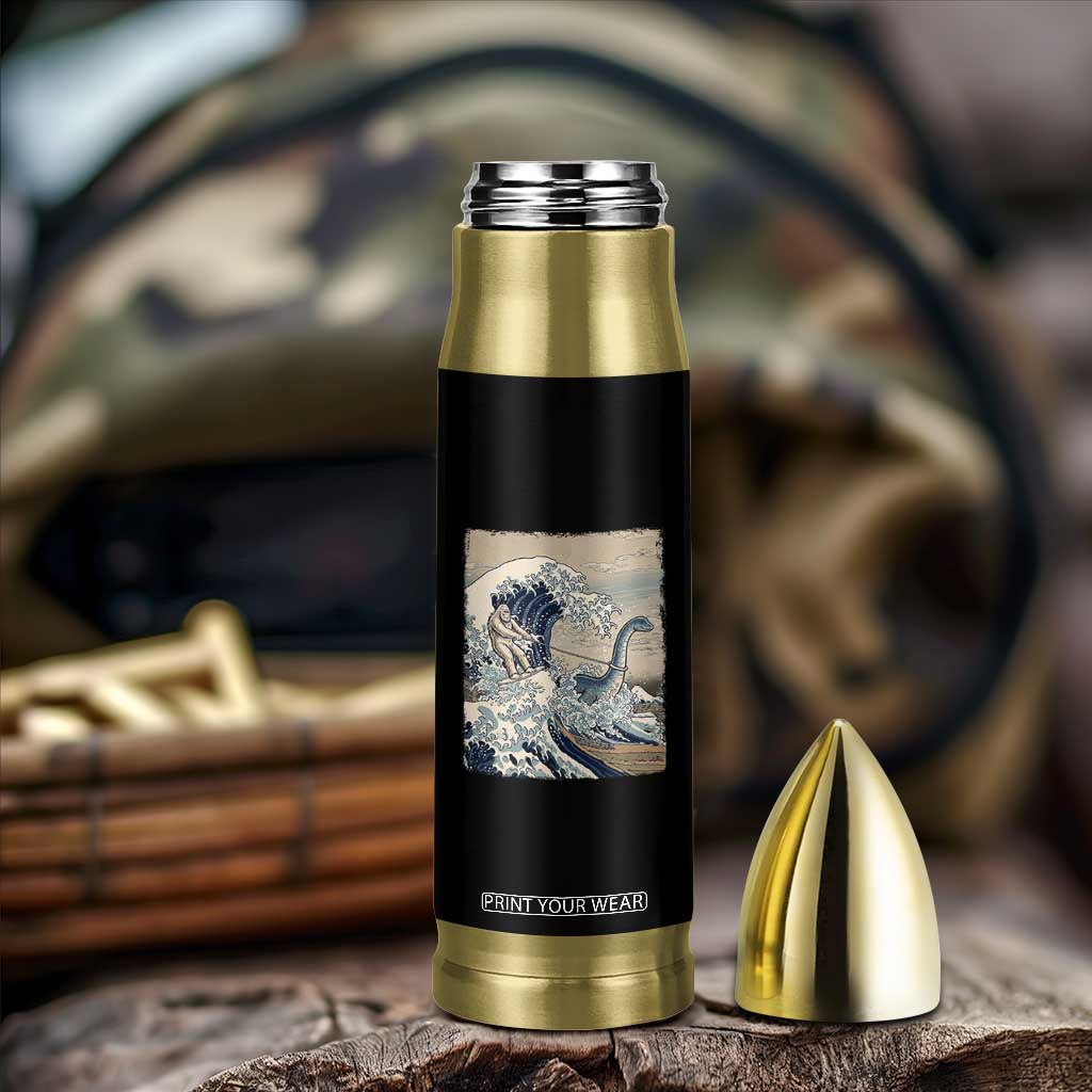 Funny Bigfoot Water Skiing Behind Nessie Bullet Tumbler Ukiyoe Inspired Wave Art