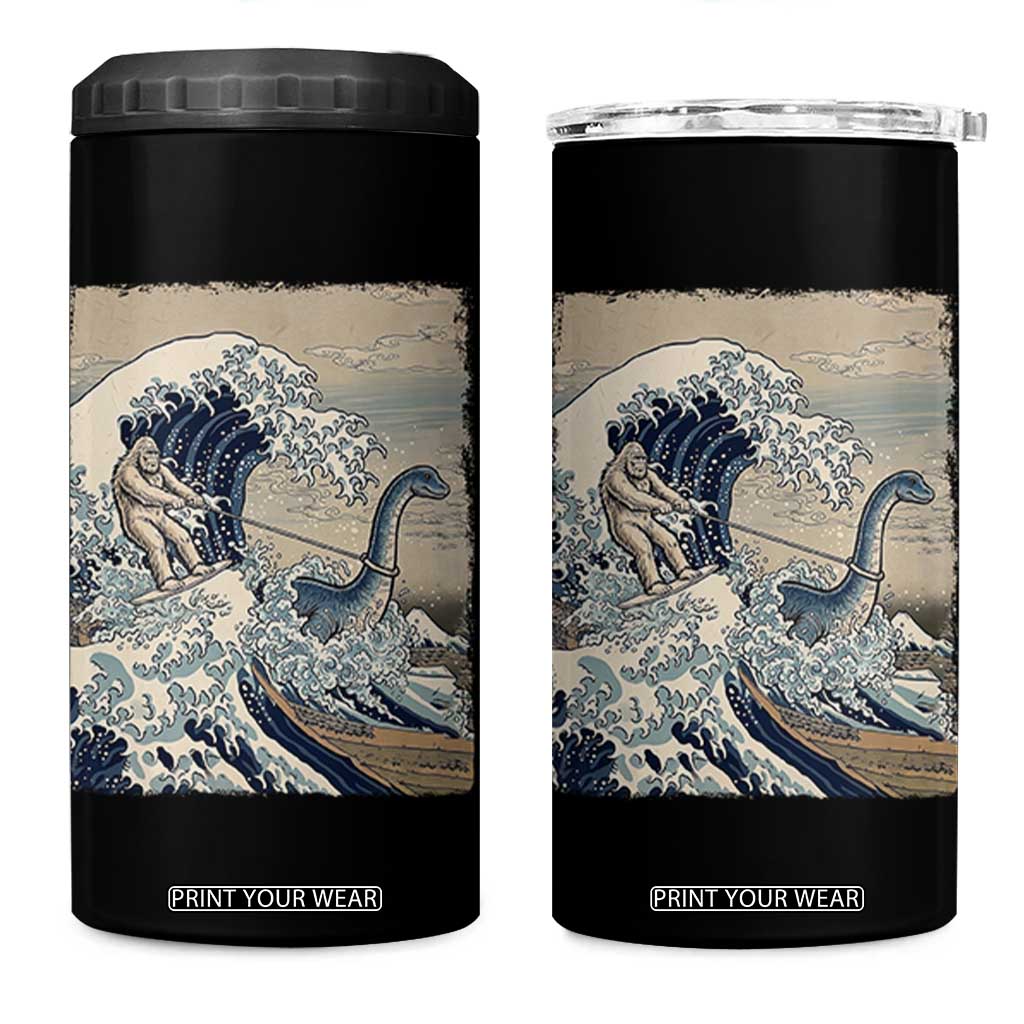 Funny Bigfoot Water Skiing Behind Nessie 4 in 1 Can Cooler Tumbler Ukiyoe Inspired Wave Art