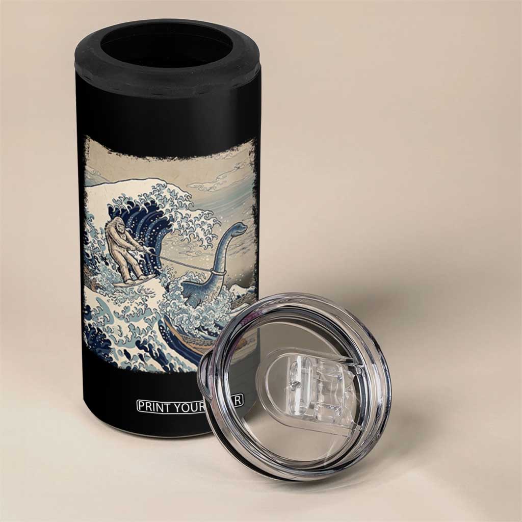Funny Bigfoot Water Skiing Behind Nessie 4 in 1 Can Cooler Tumbler Ukiyoe Inspired Wave Art