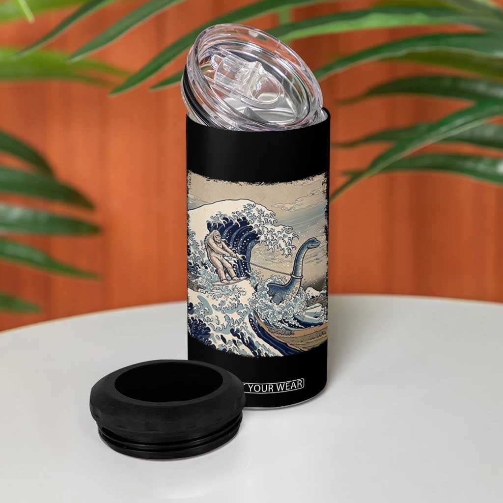 Funny Bigfoot Water Skiing Behind Nessie 4 in 1 Can Cooler Tumbler Ukiyoe Inspired Wave Art