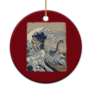 Funny Bigfoot Water Skiing Behind Nessie Ceramic Ornament Ukiyoe Inspired Wave Art