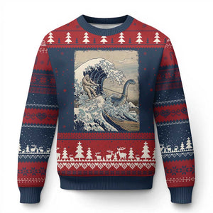 Funny Bigfoot Water Skiing Behind Nessie Ugly Christmas Sweater Ukiyoe Inspired Wave Art