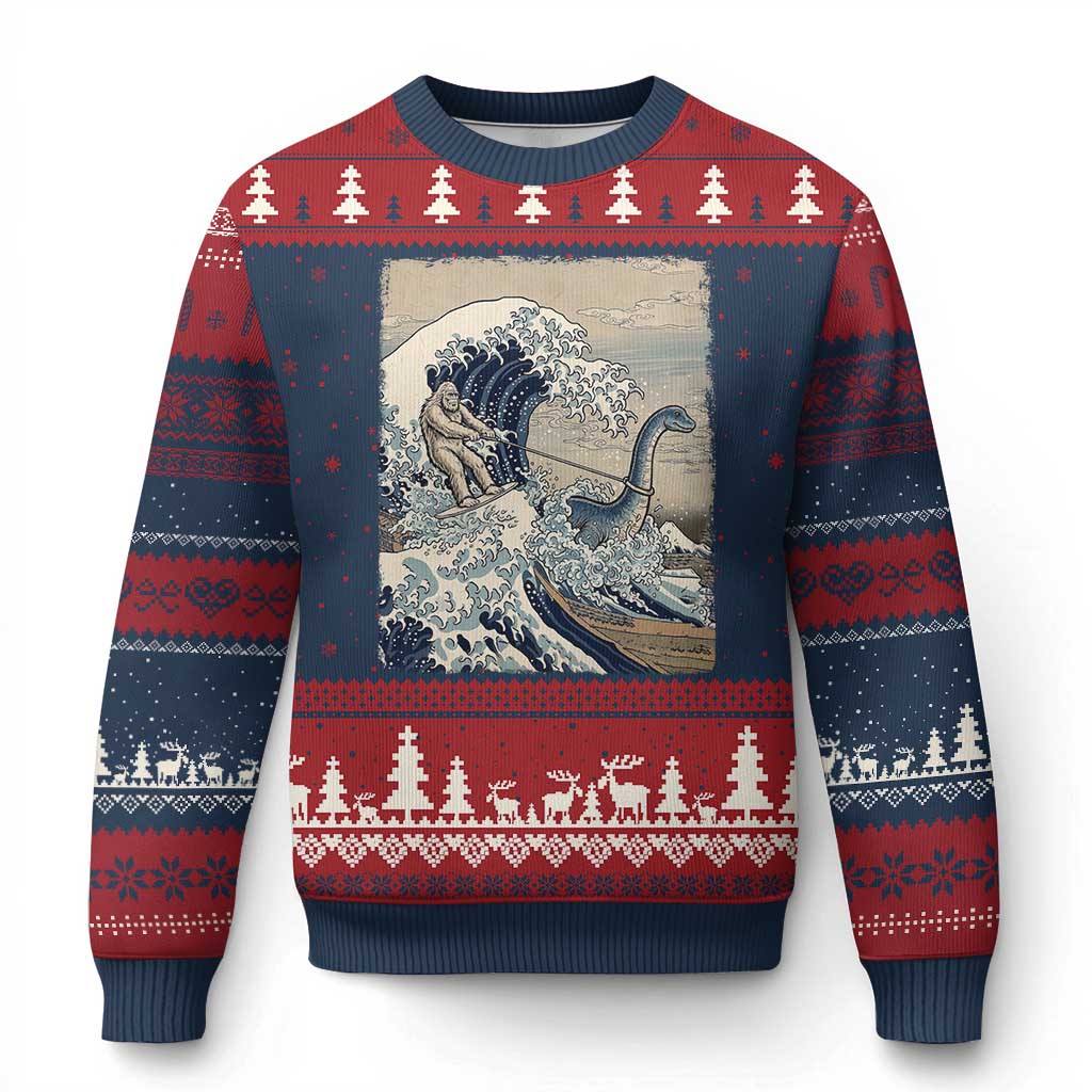 Funny Bigfoot Water Skiing Behind Nessie Ugly Christmas Sweater Ukiyoe Inspired Wave Art TS12 Navy Red Print Your Wear