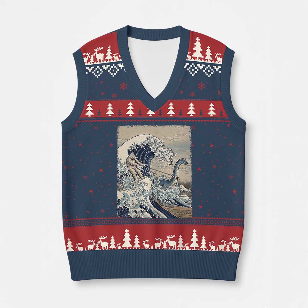 Funny Bigfoot Water Skiing Behind Nessie V-Neck Knit Sweater Vest Ukiyoe Inspired Wave Art TS12 Navy Red Print Your Wear