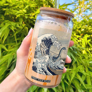 Funny Bigfoot Water Skiing Behind Nessie Glass Can Ukiyoe Inspired Wave Art