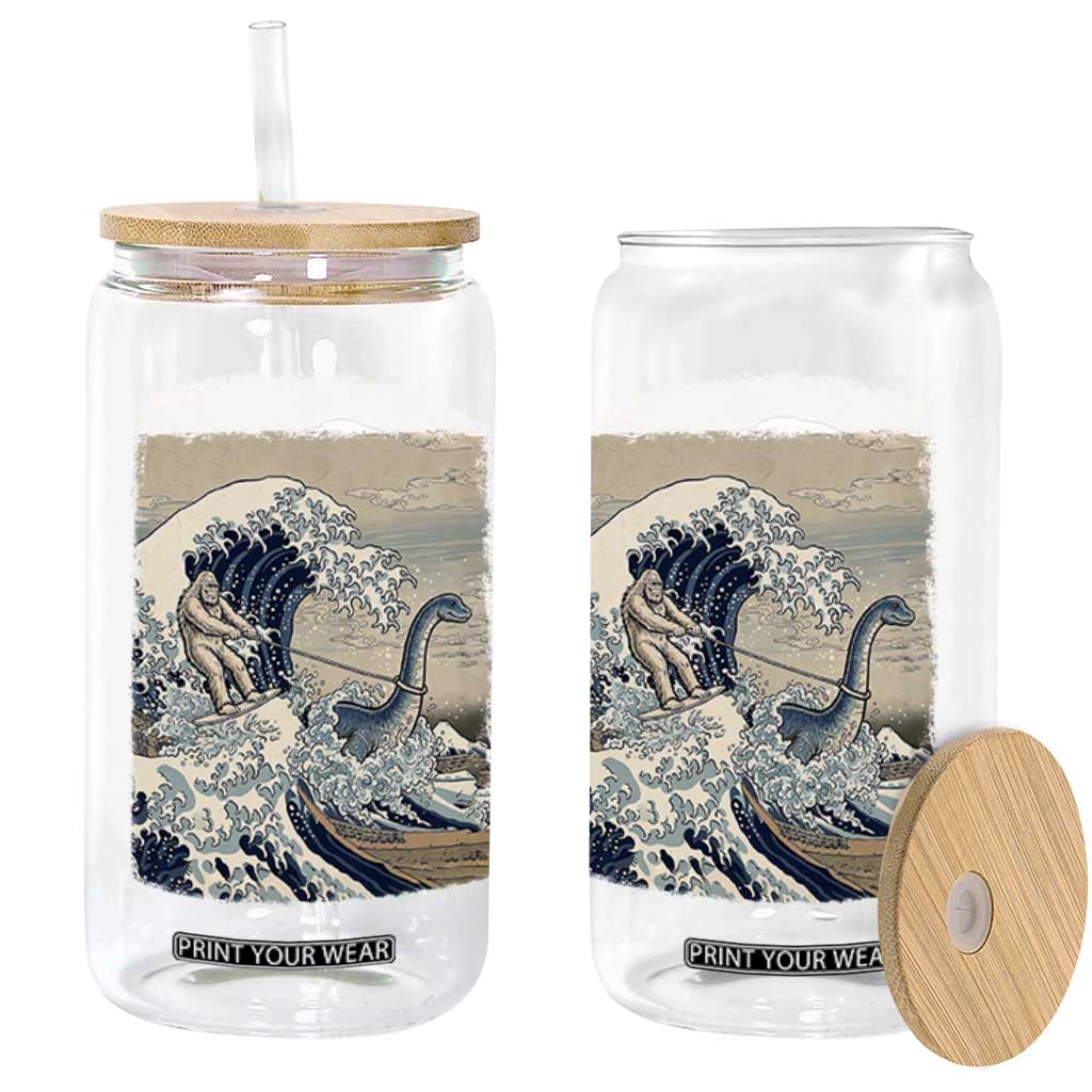 Funny Bigfoot Water Skiing Behind Nessie Glass Can Ukiyoe Inspired Wave Art