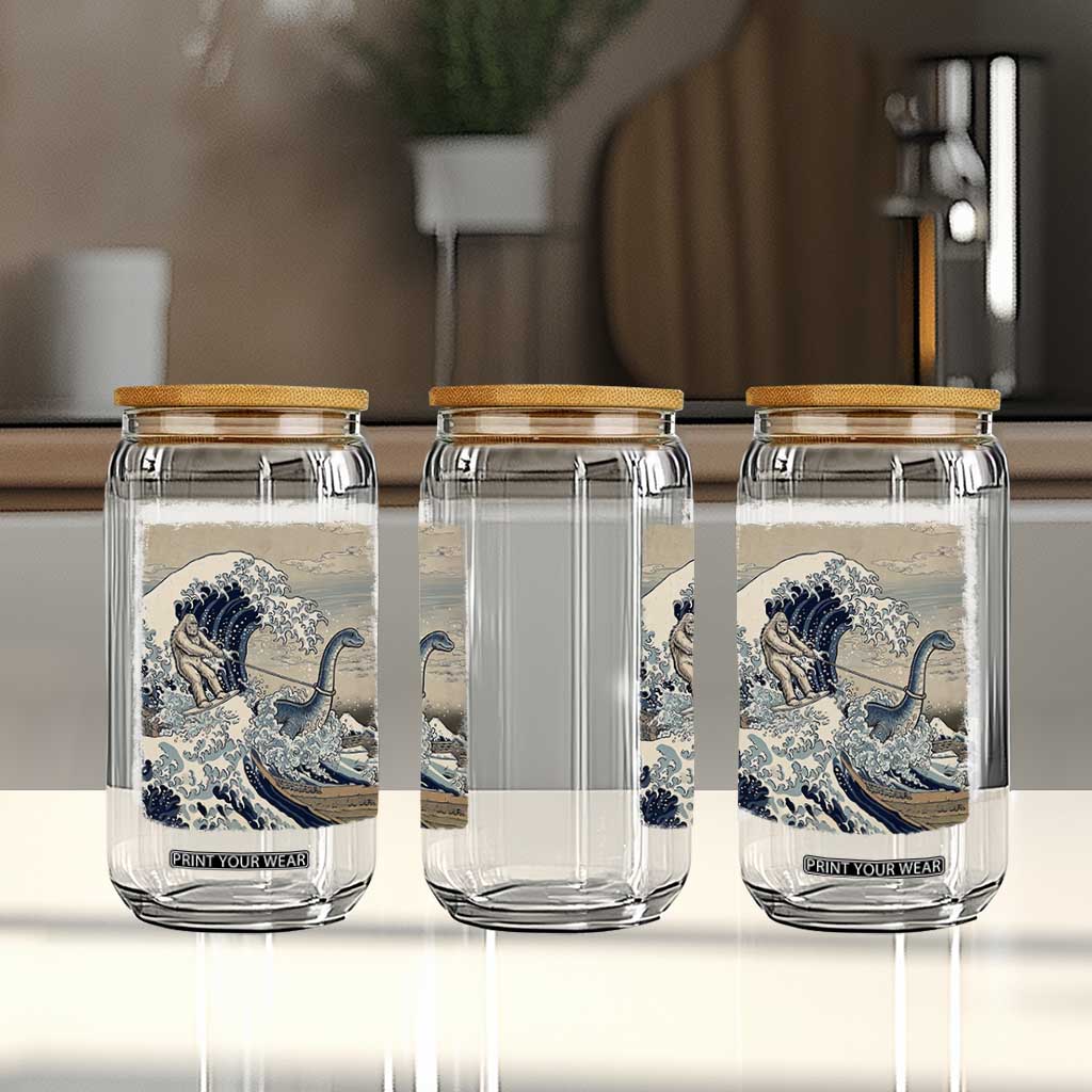 Funny Bigfoot Water Skiing Behind Nessie Glass Can Ukiyoe Inspired Wave Art