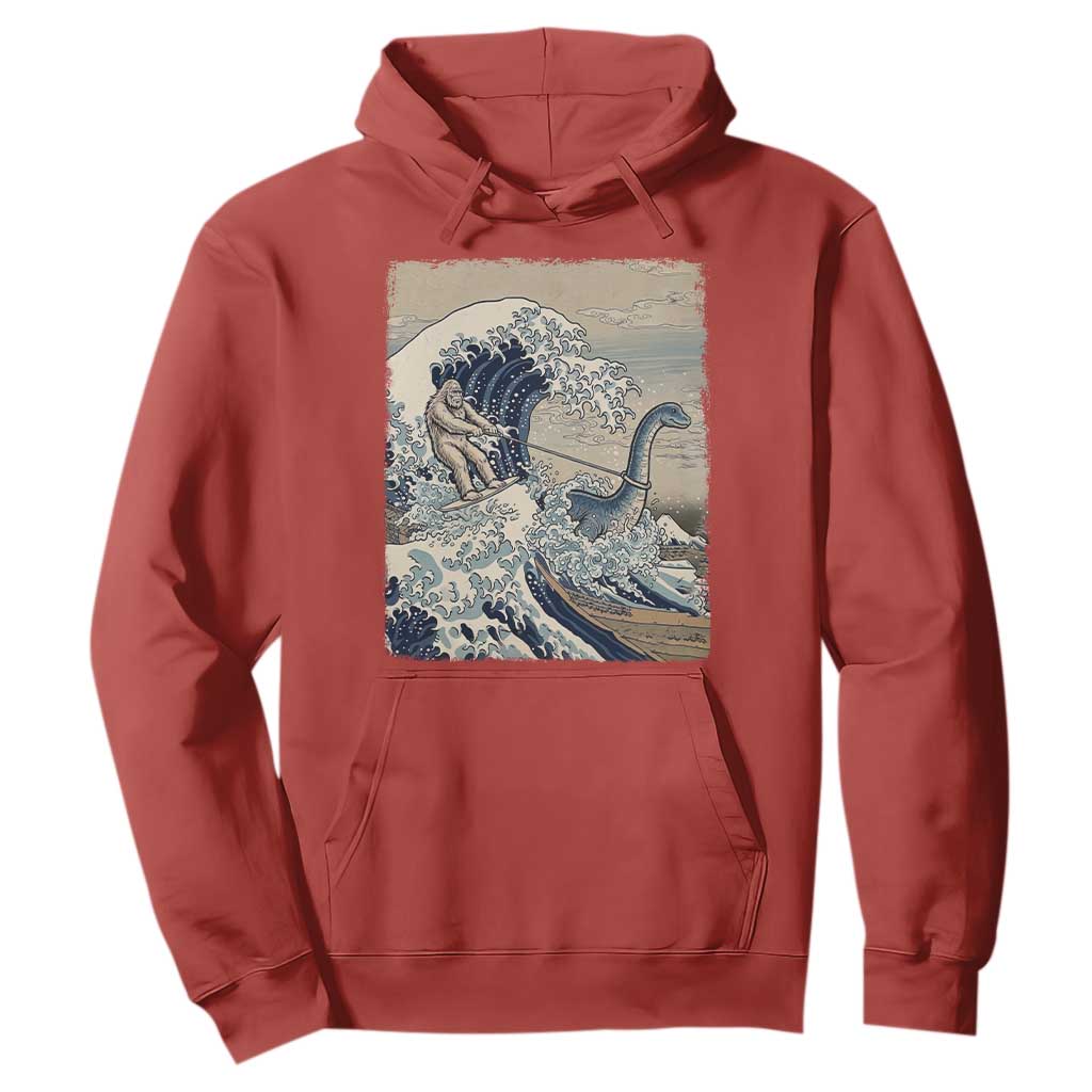 Funny Bigfoot Water Skiing Behind Nessie Hoodie Ukiyoe Inspired Wave Art