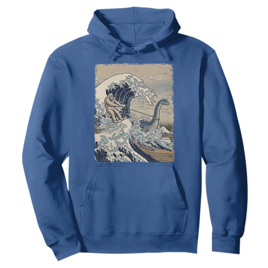 Funny Bigfoot Water Skiing Behind Nessie Hoodie Ukiyoe Inspired Wave Art