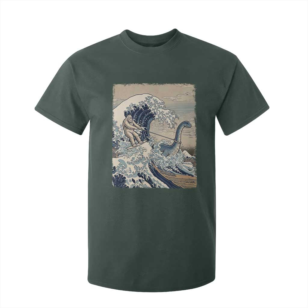 Funny Bigfoot Water Skiing Behind Nessie T Shirt For Kid Ukiyoe Inspired Wave Art