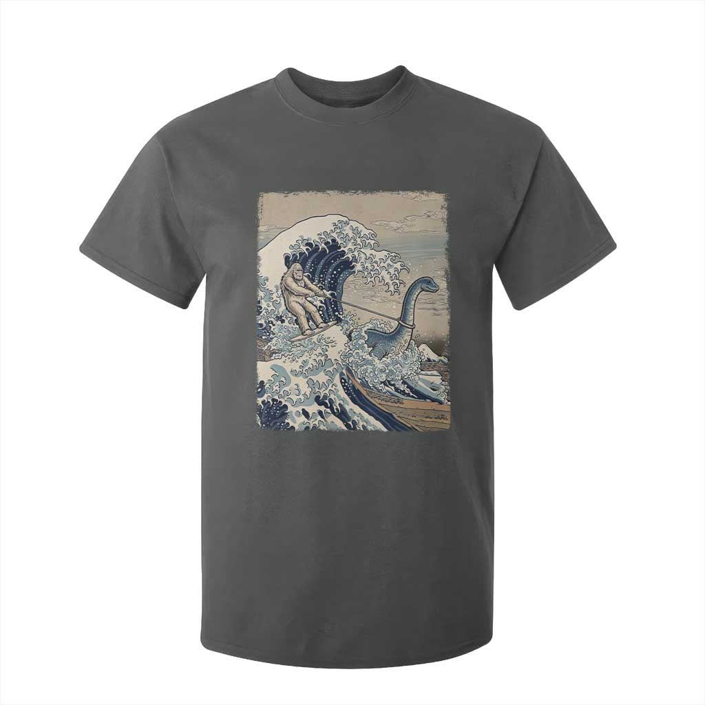 Funny Bigfoot Water Skiing Behind Nessie T Shirt For Kid Ukiyoe Inspired Wave Art