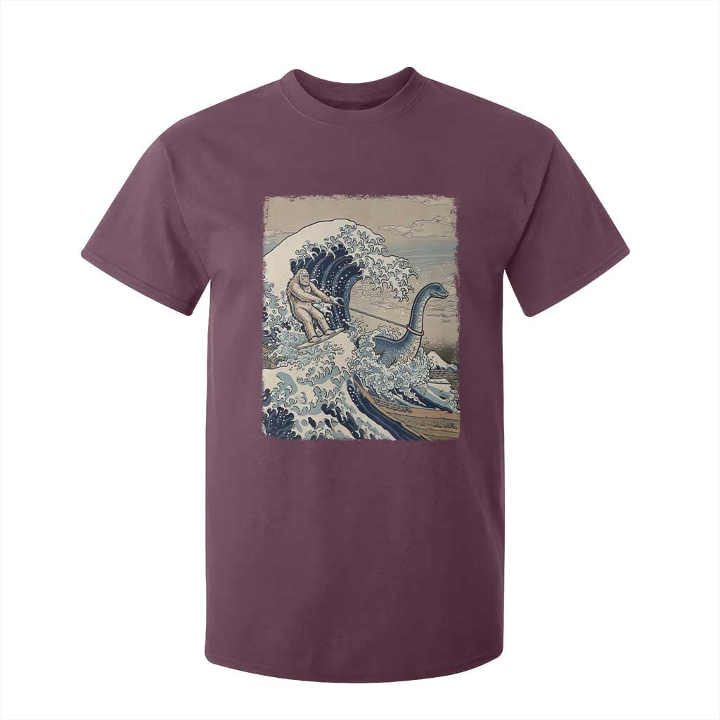 Funny Bigfoot Water Skiing Behind Nessie T Shirt For Kid Ukiyoe Inspired Wave Art