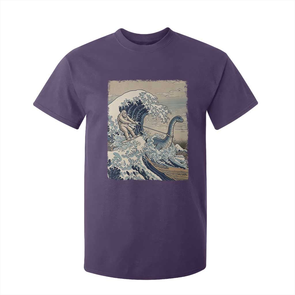 Funny Bigfoot Water Skiing Behind Nessie T Shirt For Kid Ukiyoe Inspired Wave Art