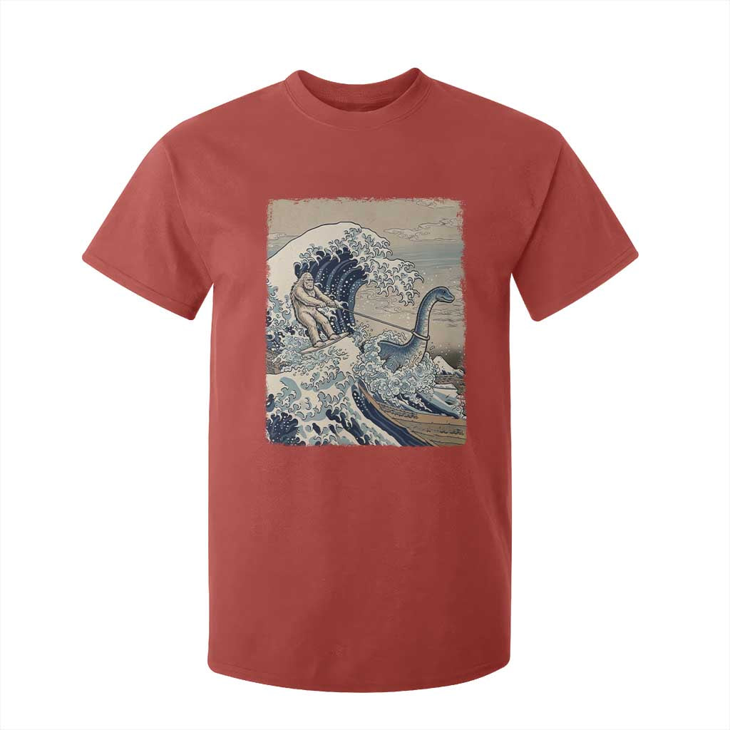 Funny Bigfoot Water Skiing Behind Nessie T Shirt For Kid Ukiyoe Inspired Wave Art