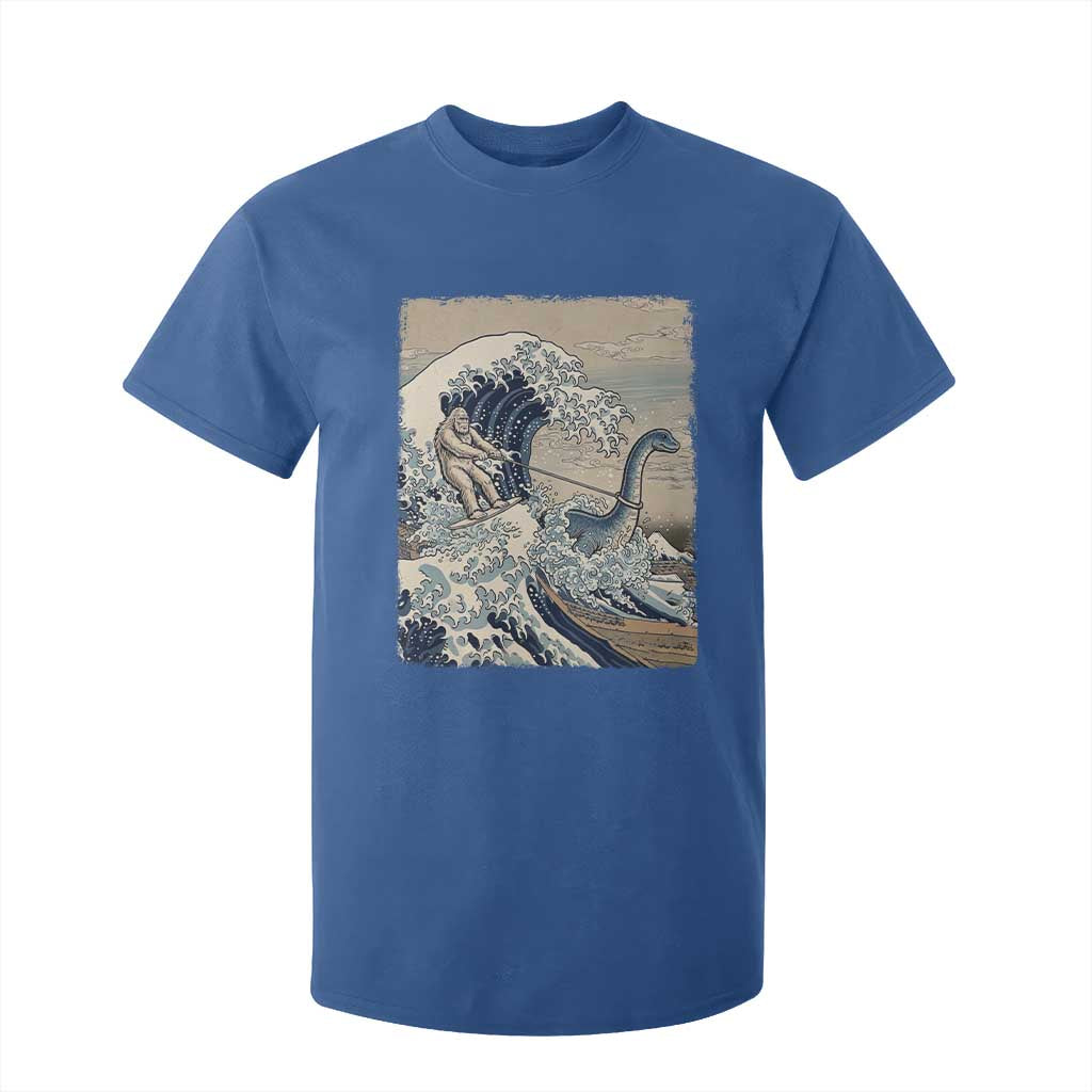 Funny Bigfoot Water Skiing Behind Nessie T Shirt For Kid Ukiyoe Inspired Wave Art