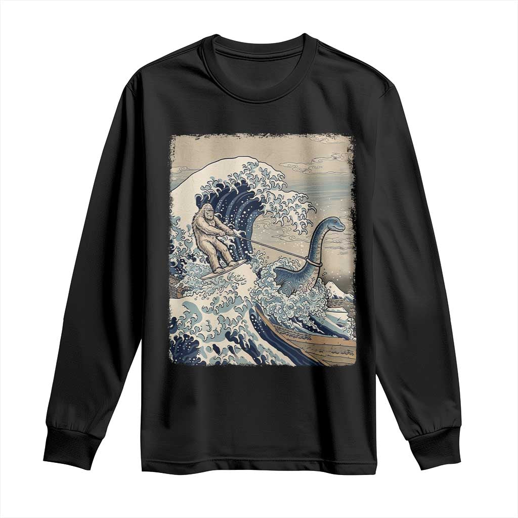 Funny Bigfoot Water Skiing Behind Nessie Long Sleeve Shirt Ukiyoe Inspired Wave Art TS12 Black Print Your Wear