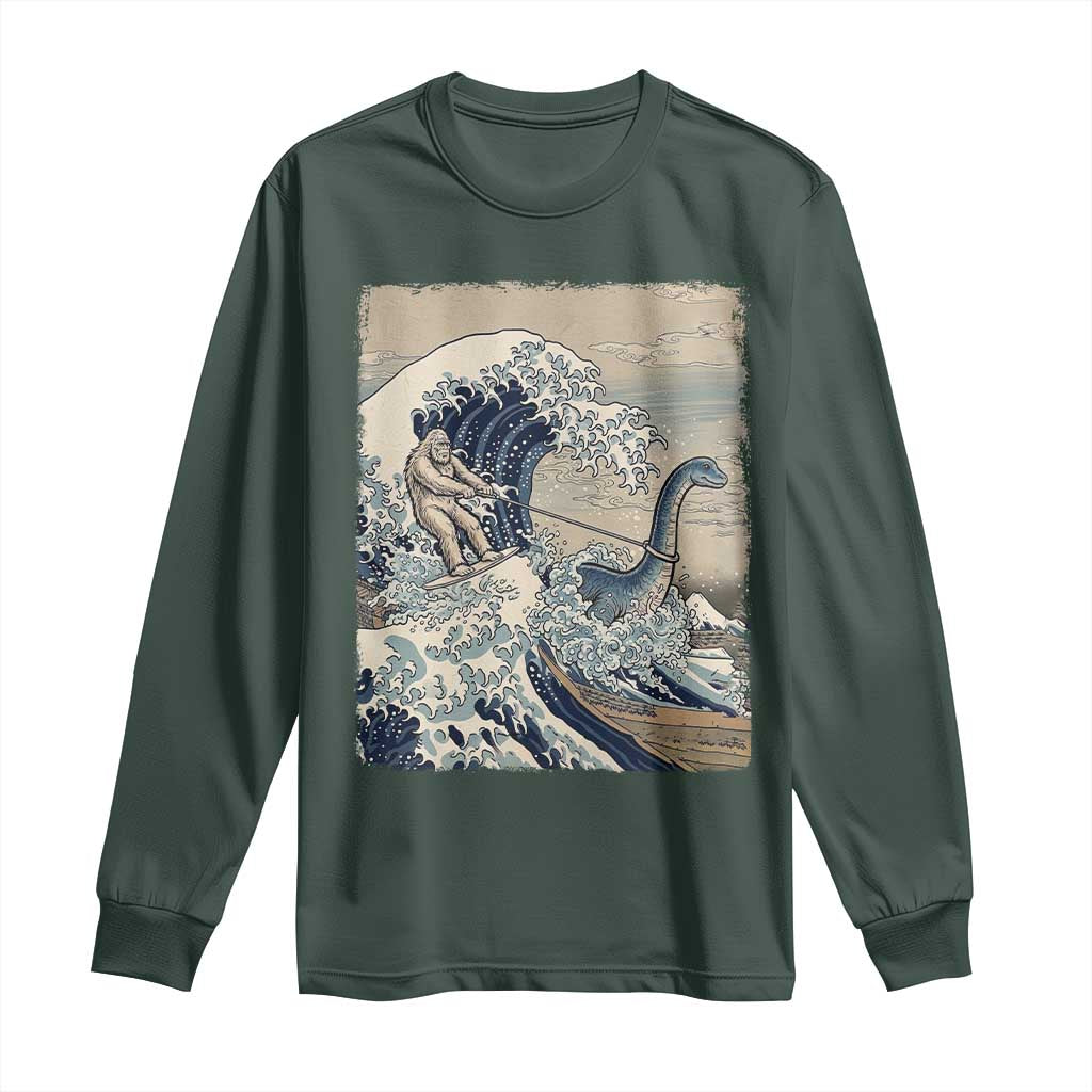 Funny Bigfoot Water Skiing Behind Nessie Long Sleeve Shirt Ukiyoe Inspired Wave Art