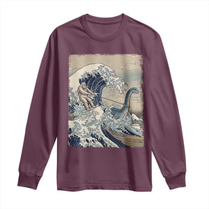 Funny Bigfoot Water Skiing Behind Nessie Long Sleeve Shirt Ukiyoe Inspired Wave Art