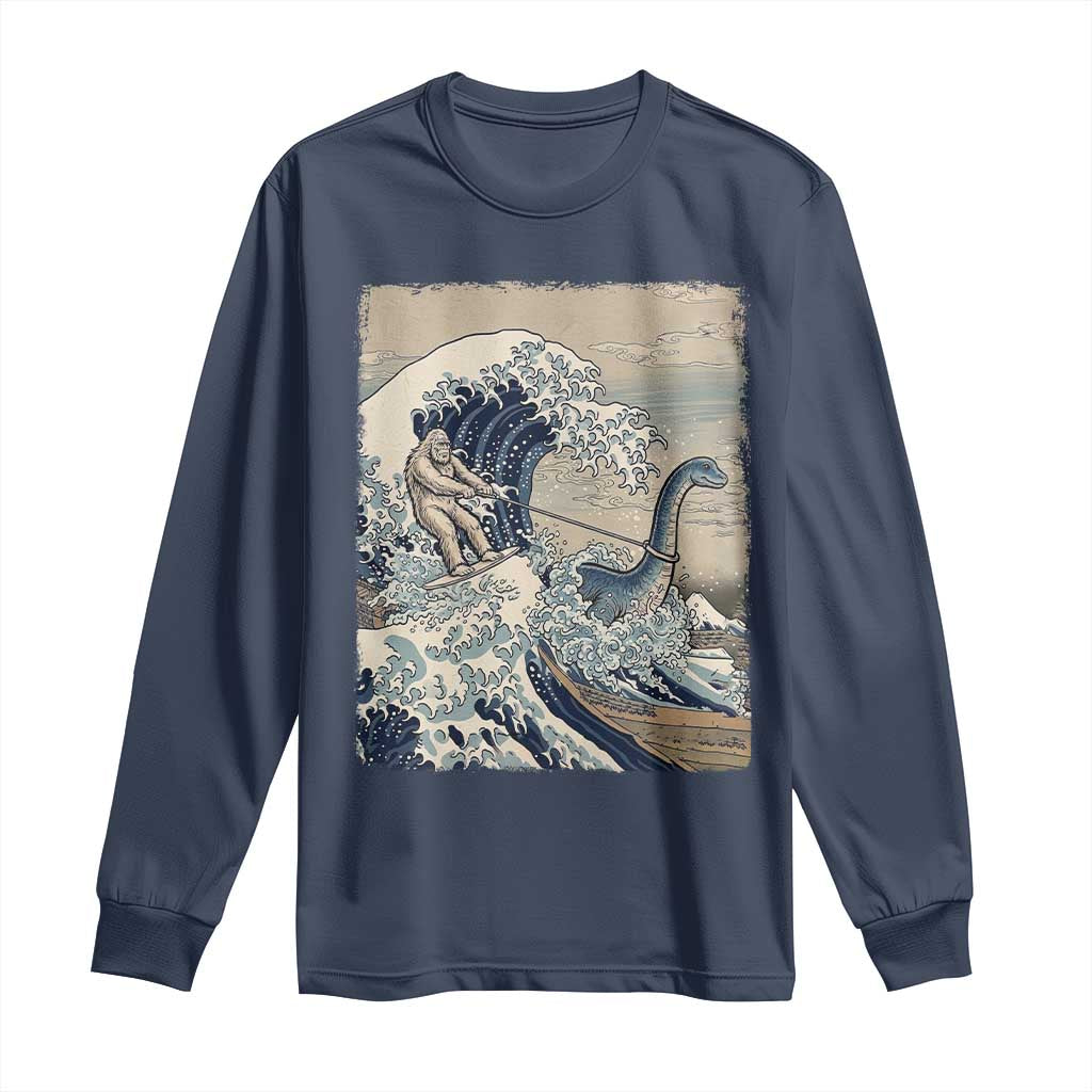 Funny Bigfoot Water Skiing Behind Nessie Long Sleeve Shirt Ukiyoe Inspired Wave Art
