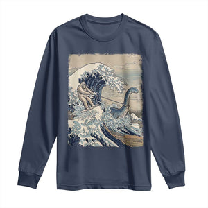 Funny Bigfoot Water Skiing Behind Nessie Long Sleeve Shirt Ukiyoe Inspired Wave Art