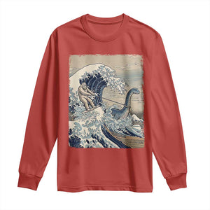 Funny Bigfoot Water Skiing Behind Nessie Long Sleeve Shirt Ukiyoe Inspired Wave Art