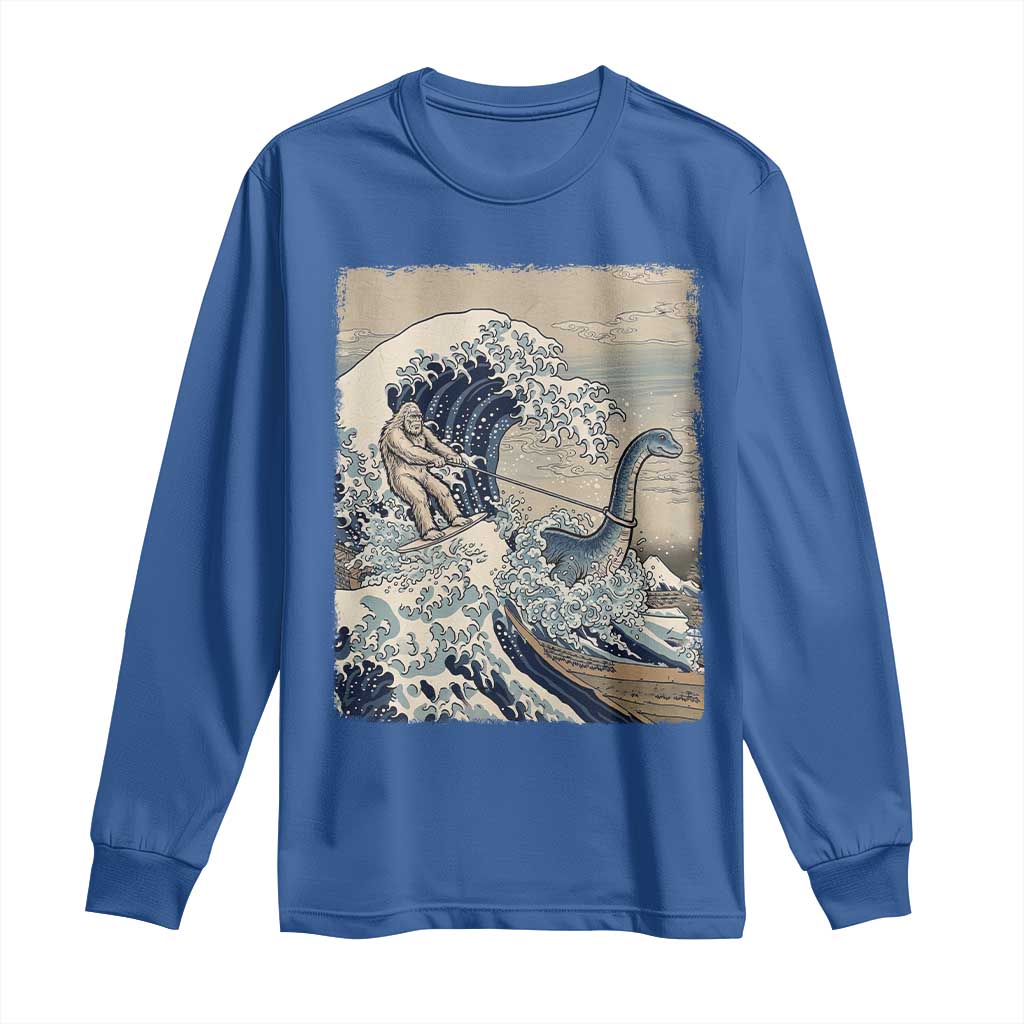 Funny Bigfoot Water Skiing Behind Nessie Long Sleeve Shirt Ukiyoe Inspired Wave Art