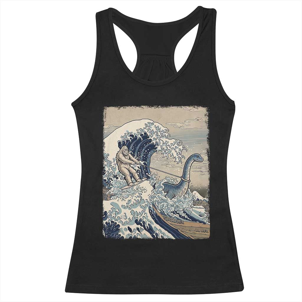 Funny Bigfoot Water Skiing Behind Nessie Racerback Tank Top Ukiyoe Inspired Wave Art TS12 Black Print Your Wear