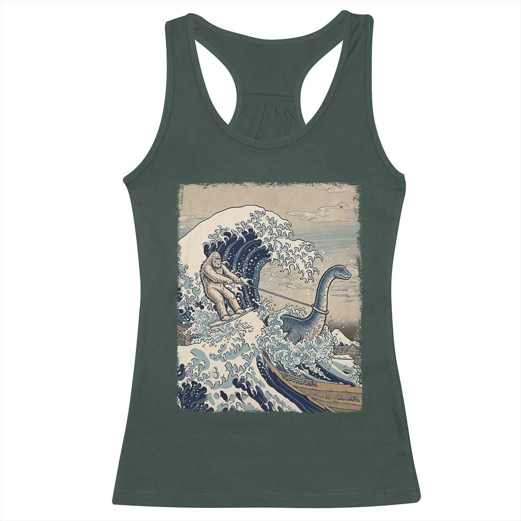 Funny Bigfoot Water Skiing Behind Nessie Racerback Tank Top Ukiyoe Inspired Wave Art