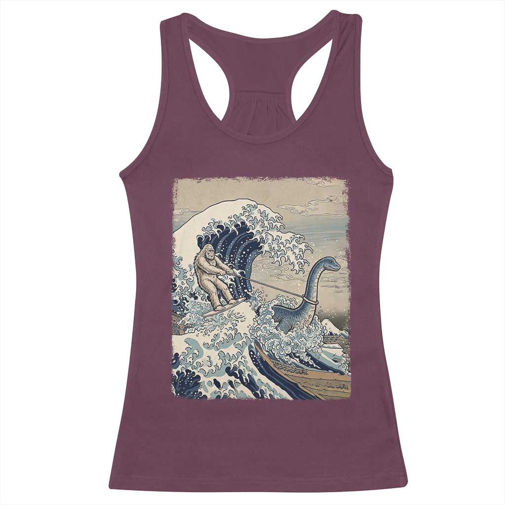 Funny Bigfoot Water Skiing Behind Nessie Racerback Tank Top Ukiyoe Inspired Wave Art