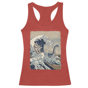 Funny Bigfoot Water Skiing Behind Nessie Racerback Tank Top Ukiyoe Inspired Wave Art