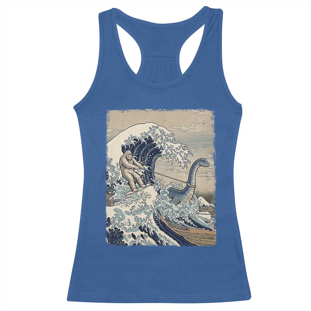 Funny Bigfoot Water Skiing Behind Nessie Racerback Tank Top Ukiyoe Inspired Wave Art