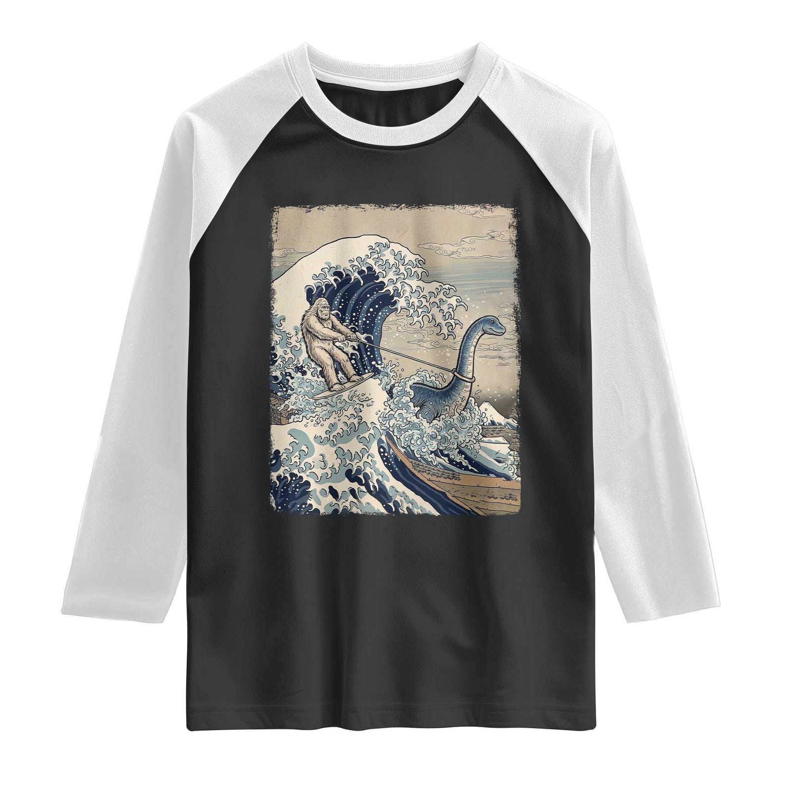 Funny Bigfoot Water Skiing Behind Nessie Raglan Shirt Ukiyoe Inspired Wave Art TS12 Black White Print Your Wear